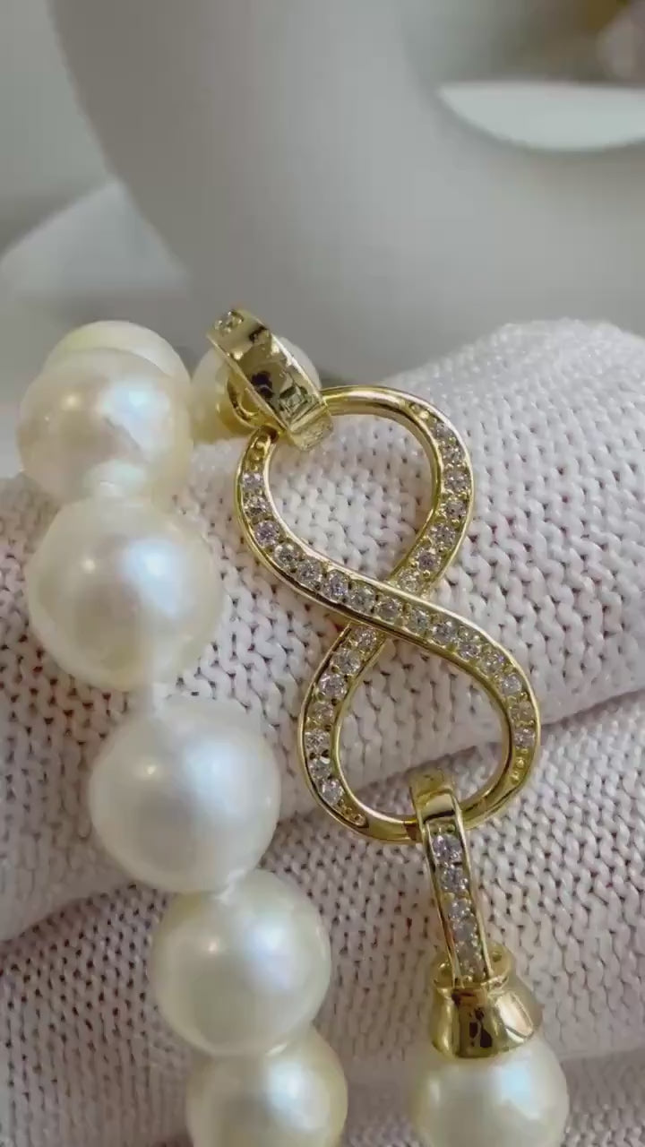 Elly’s 6.8-7.3mm 61pcs Akoya ivory gold ocean pearls necklace:Extreme luster mirrored, knotted, 18.6”, S925 silver necklace strand.