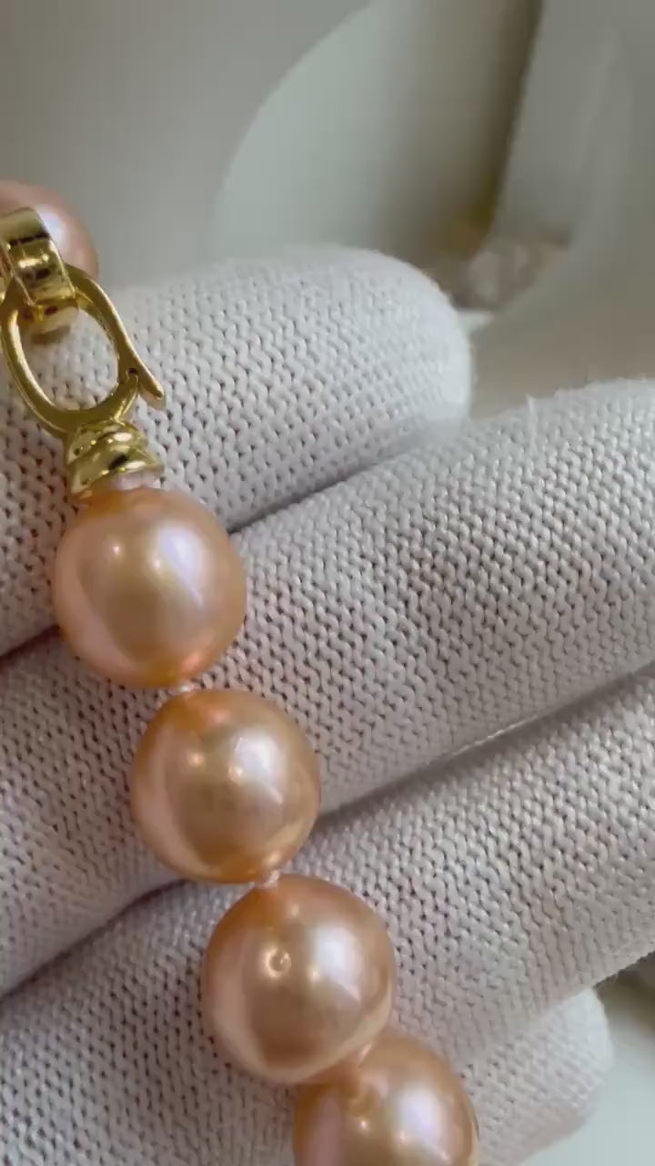 Elly’s 16pcs 9.8-11mm Natural Sunset Peach Gold Edison Pearls Bracelet: Extreme luster mirrored, 8” knotted, S925 silver Bracelet.