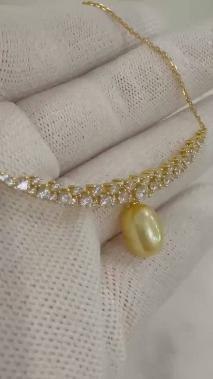 Insale South Sea pure clean ultra gold extremely strong luster Ocean Pearl silver chain Necklace set unique gift for her birthday 7.9x10.6mm