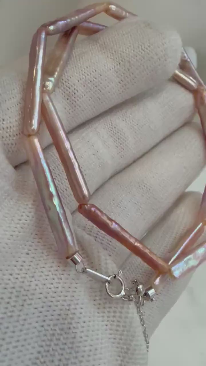 Super Value! 16pcs 3.9x25mm extremely strong luster Freshwater metallic rose lavender strip Pearls strand Necklace unique anniversary gift.
