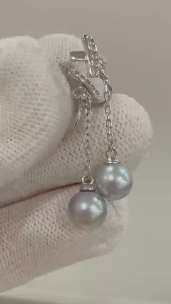 Elly’s Akoya Vintage Earrings no piercings Strong luster Ocean Silver blue Pearl dazzling S925 silver earrings wedding bridesmaid, 6.8mm
