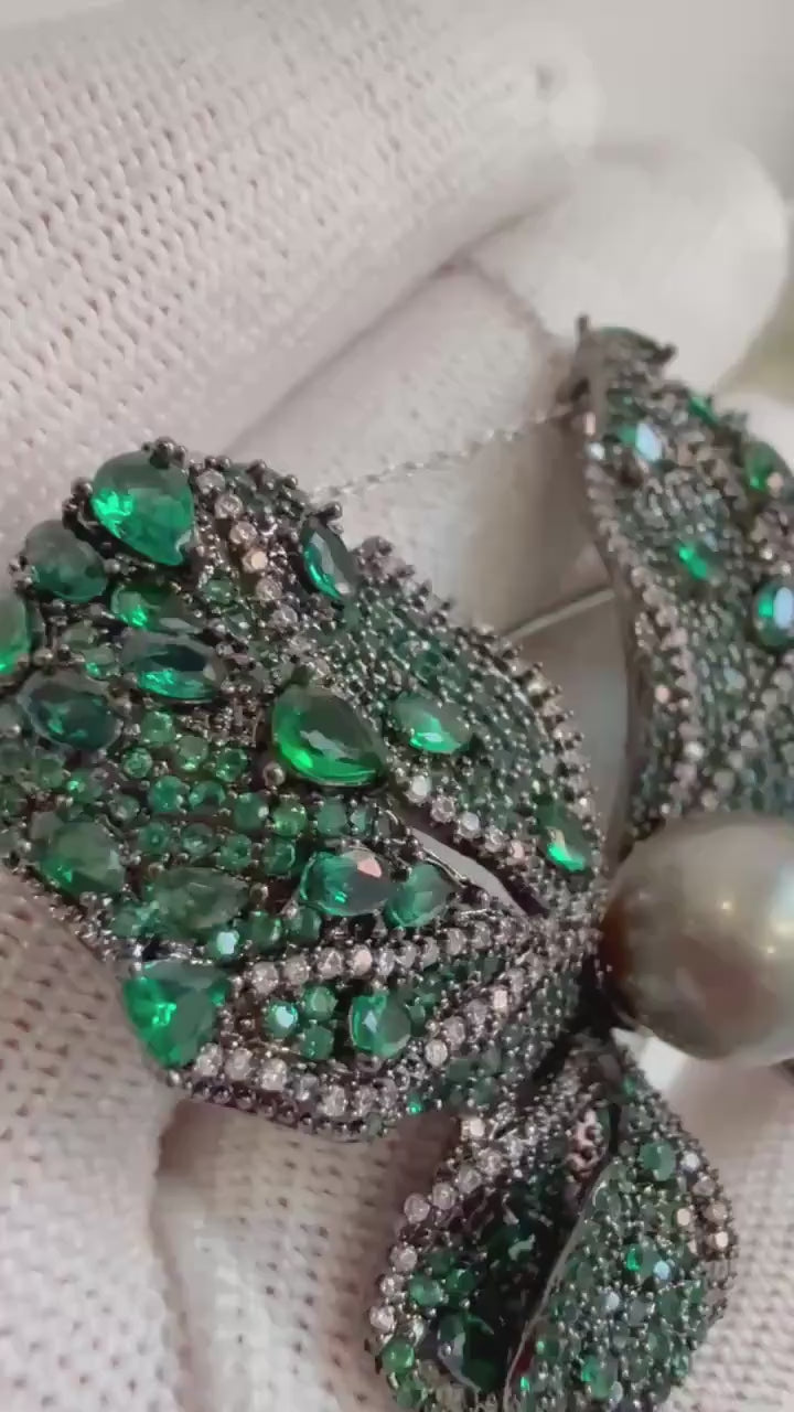 Tahitian Ocean Pearl Brooch Pendant 2in1: Strong Luster, 10mm, platinum pearl green hue, butterfly brooch,S925 silver chain not included.