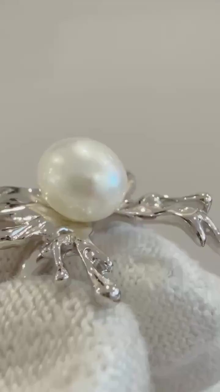 Rare collection!   Australian Saltwater Keshi strong luster  white Pearl butterfly ring S925 silver ring unique gift for her. 8.1x9.8mm.