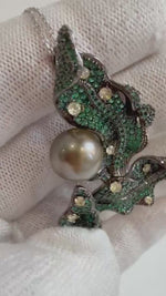 Tahitian Ocean Pearl Leaf Brooch Pendant 2in1: Extreme Luster, 10.2mm, pistachio olive pearl, 3.3x6.7cm, S925 silver chain not included.