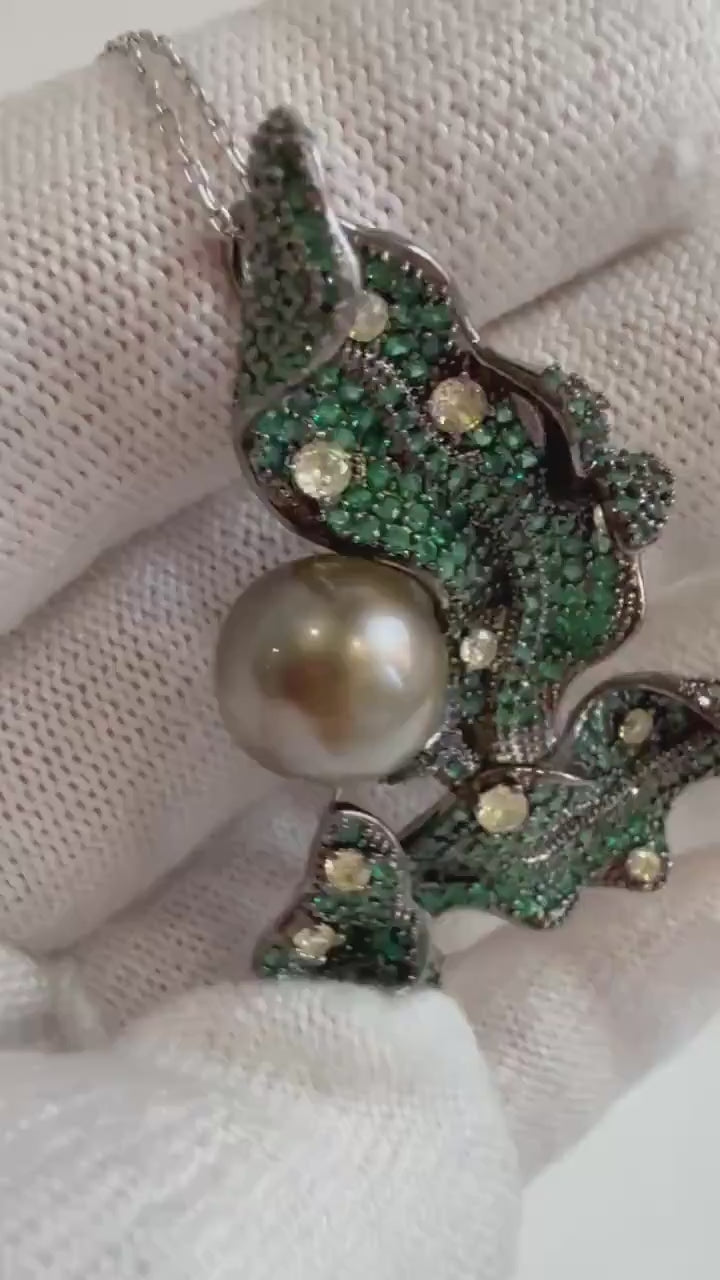 Tahitian Ocean Pearl Leaf Brooch Pendant 2in1: Extreme Luster, 10.2mm, pistachio olive pearl, 3.3x6.7cm, S925 silver chain not included.
