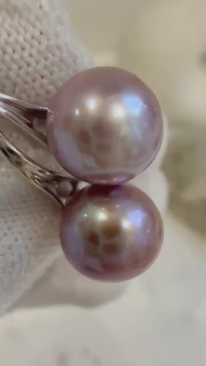 Elly’s 9.3mm Freshwater Edison pearls S925 silver High heel Earrings: Extreme luster mirrored, Metallic purple lavender.Pearl Jewelry Idea.