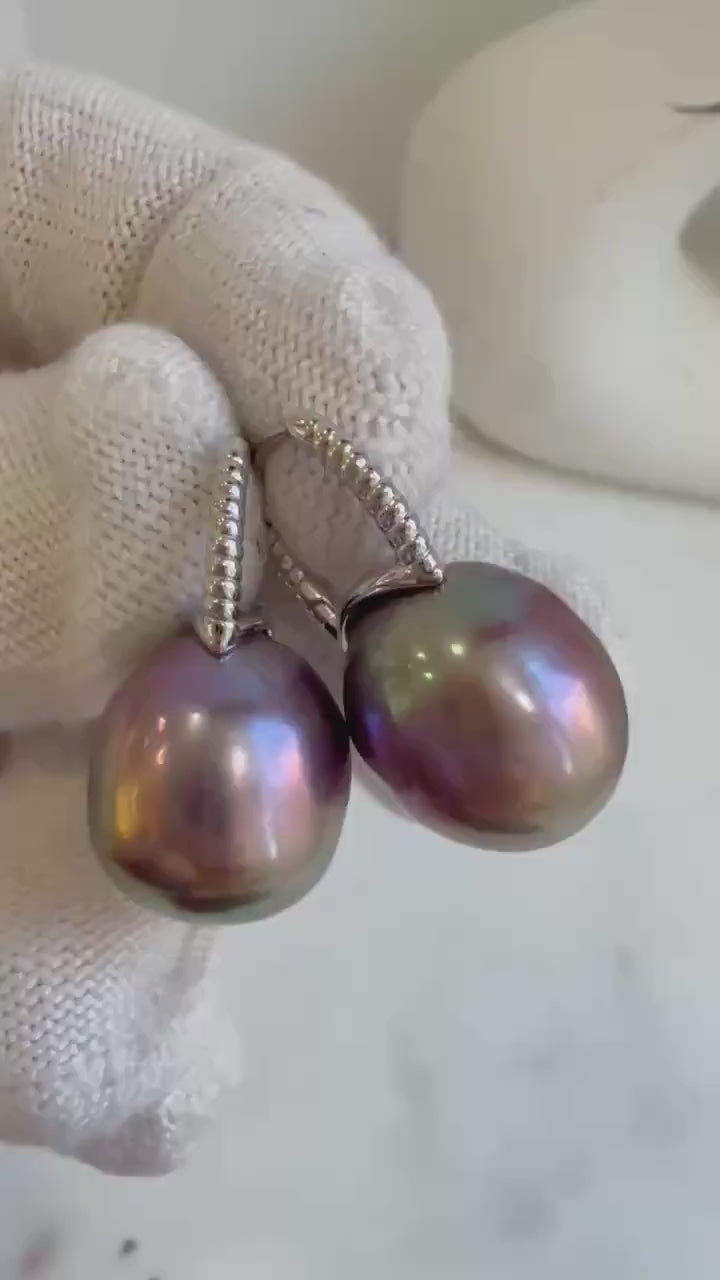 Elly’s 13.5mm Edison Pearls Earrings Hoops: Extreme luster Mirrored, rose purple green pearls, 2.5cm high, S925 silver earrings.