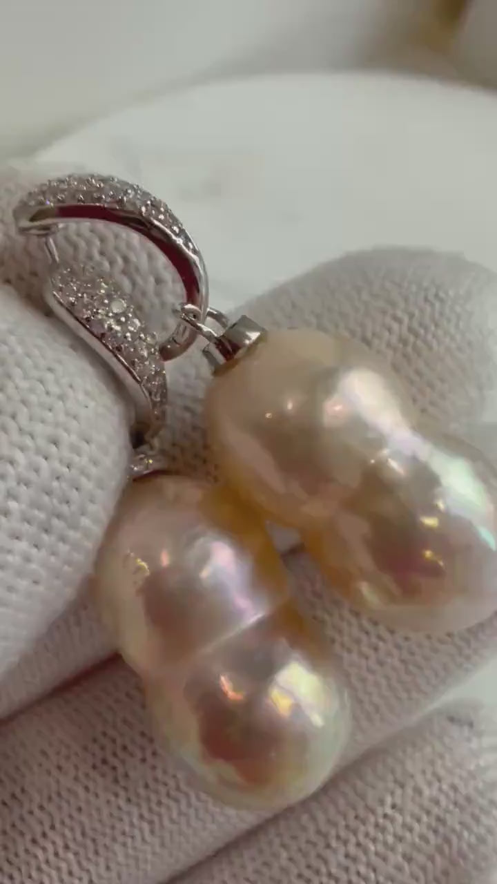 Peanut Keshi Pearls Earrings Hoops: Extreme luster, pink peach gold iridescent pearls green hue, to 20.5mm,s925 silver earrings hoops.