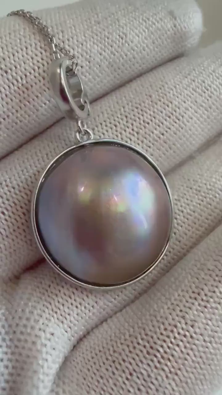 Elly’s 20.7mm Pink rose iridescent Ocean Round Mabe Pearl Pendant: Extreme luster, S925 Silver base pendant Necklace Set.