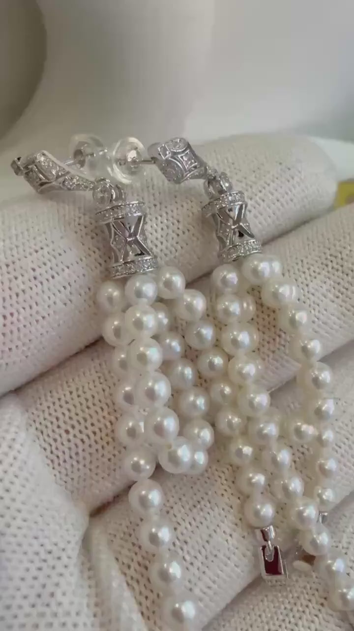 Elly’s 68pcs Extreme luster white small pearls Earring Chandeliers, Vintage, Snake design, 7.7cm high. DDP No Tariffs.