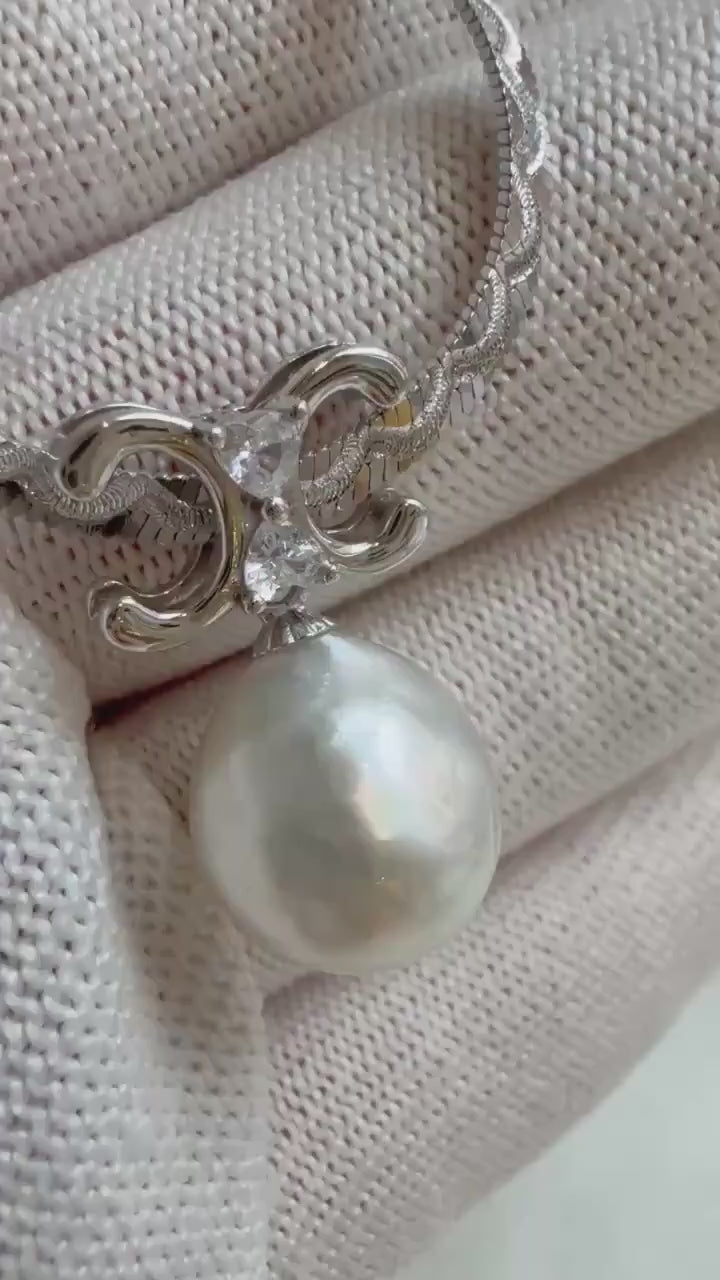Elly’s 12.7mm Australian Ocean white Pearl  Pendant Necklace Set: Extreme luster mirrored, S925 silver Chain Set. Pearl Jewelry Idea.