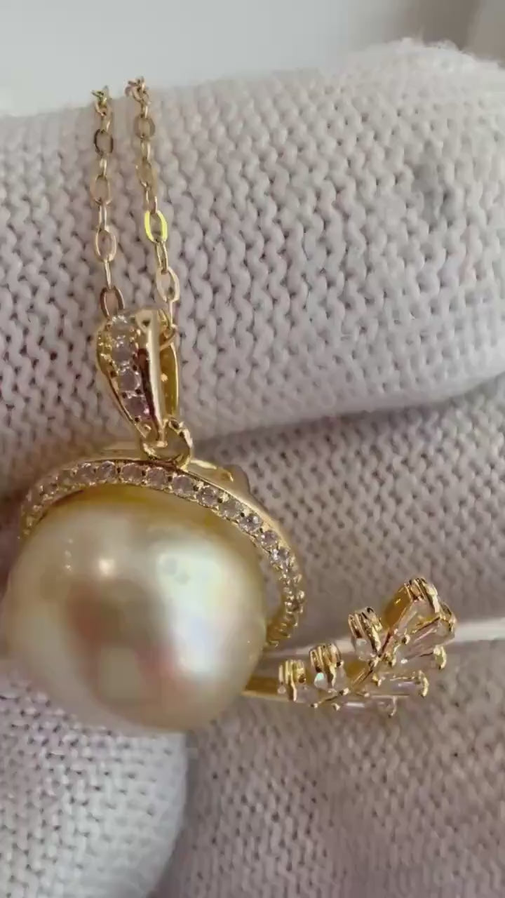 DDP 12.3mm Insale Extreme luster mirrored South Sea light Gold ocean Pearl S925 silver whale pendant chain Anniversary birthday Gift for her