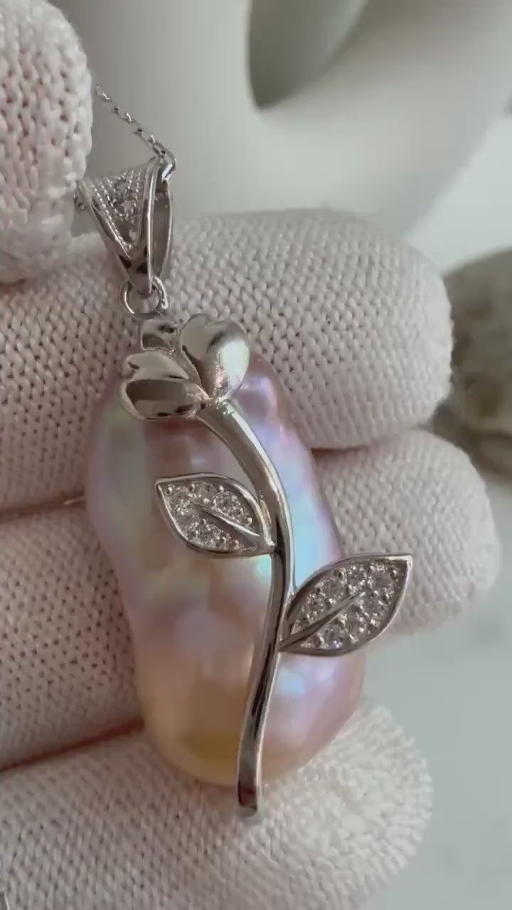 Elly’s Insale Strong luster metallic rose lavender iridescent baroque Pearl s925 silver floral pendant necklace set gift for girls 13.4x29mm