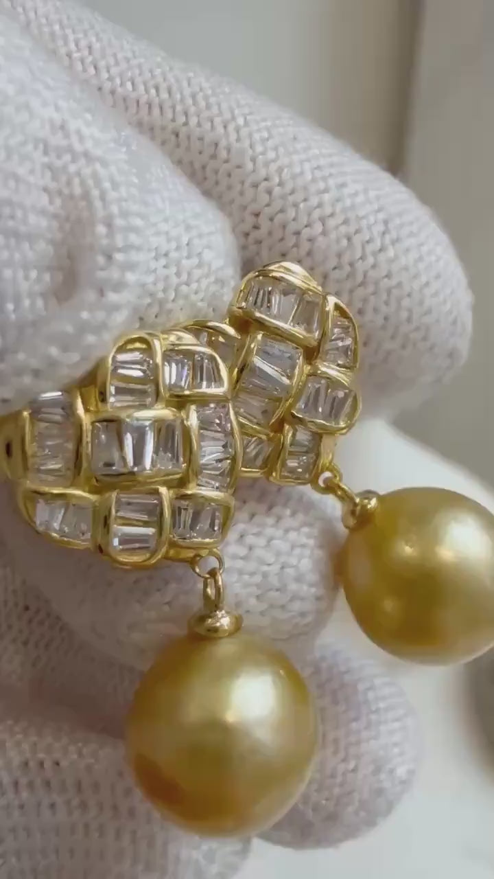 Elly’s 9.7mm Genius South sea deep gold ocean Pearls Heart Earrings: Extreme luster, 2.4cm high, S925 silver earrings.