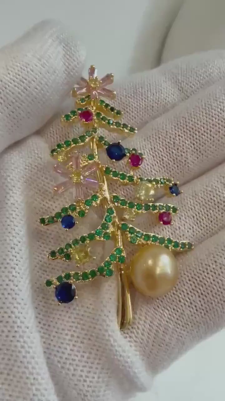 Elly’s South Sea deep Gold Pearl Christmas Tree Brooch Pendant 2in1: 9.8x10.2mm, 3.3x6.2cm, s925 silver chain for seperate purchase.