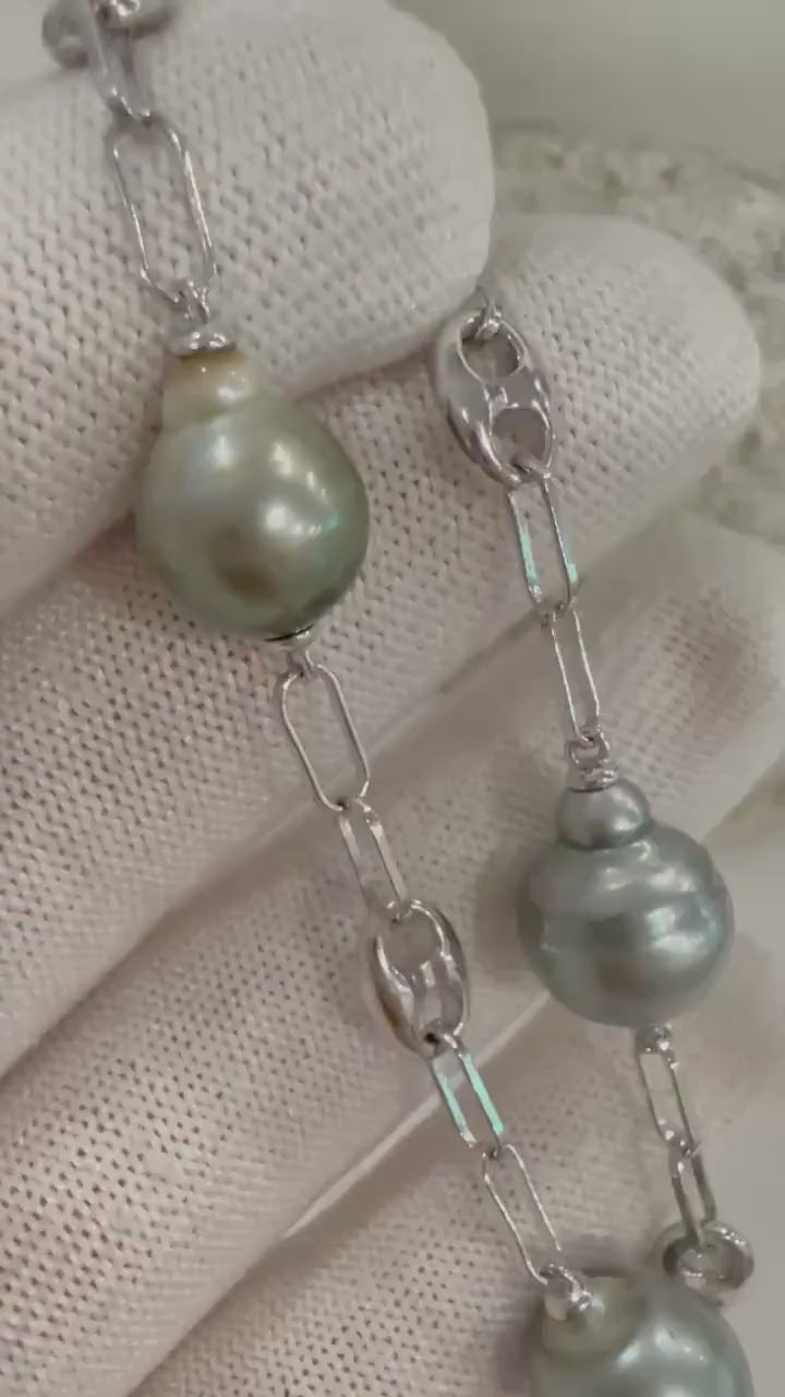 Elly’s 11.3-11.7mm 3pcs Tahitian Ocean silver blue green Pearls strong luster s925 silver chain Necklace set unique gift for her birthday.