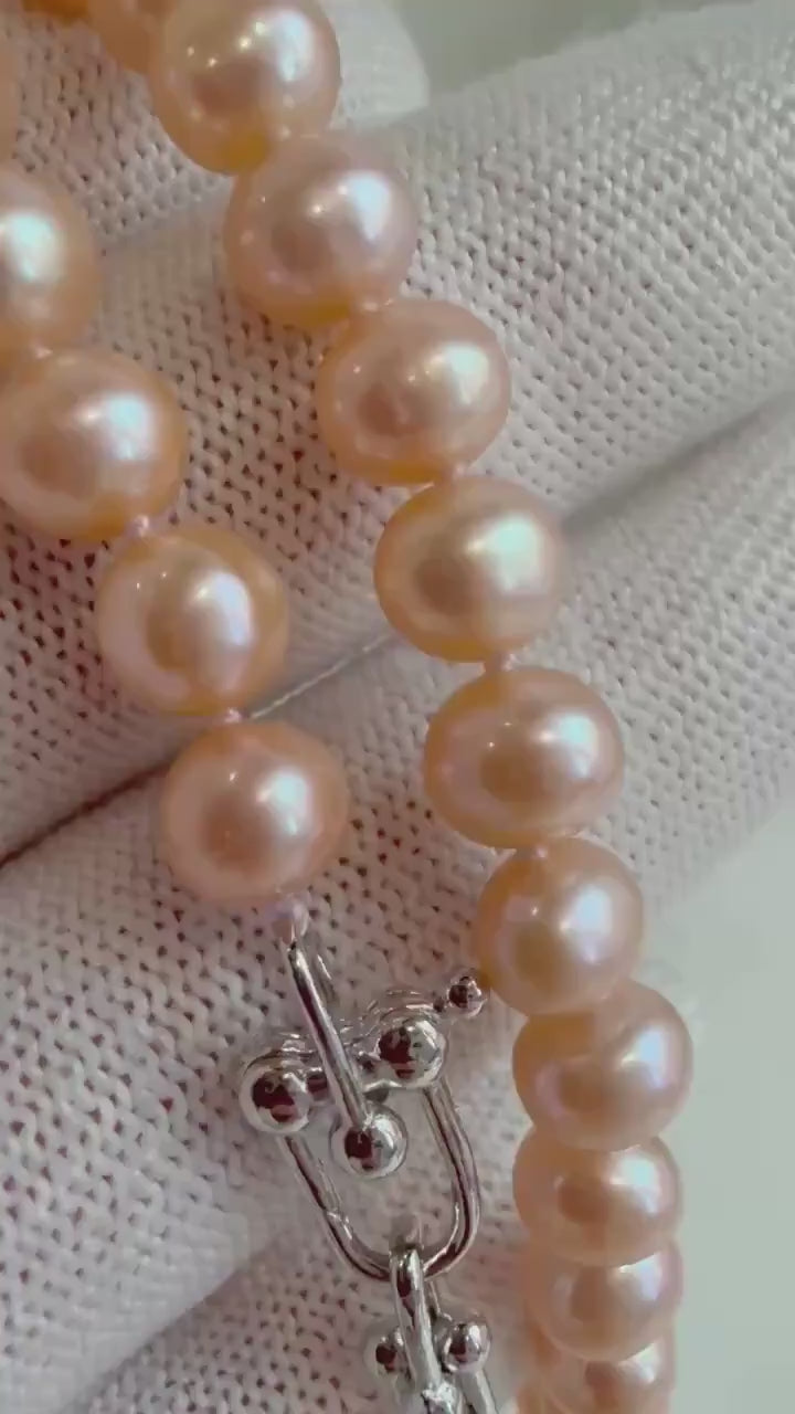 Elly’s Peach Pearls Necklace: Extreme luster Mirrored effect, 6.2-6.7mm, S925 silver clips, knotted 17.8”long. No tariffs