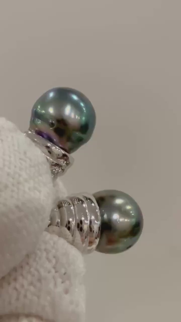 10.8mm Strong luster Elegant Tahitian Peacock green Pearl Vintage Stylish s925 silver earrings unique gift for her. Statement Earrings.