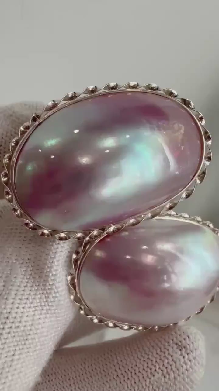 Elly’s To 34mm Pink iridescent Ocean Mabe Huge Earrings: Extreme luster, 22x34mm, S925 silver earrings.