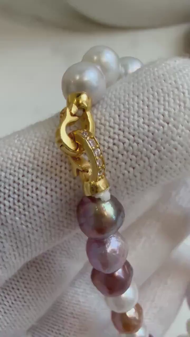 Elly’s 6.4-7.4mm Freshwater Pearls Bracelet: Extreme luster, 7.6” knotted, S925 silver clip bracelet with Amethyst.
