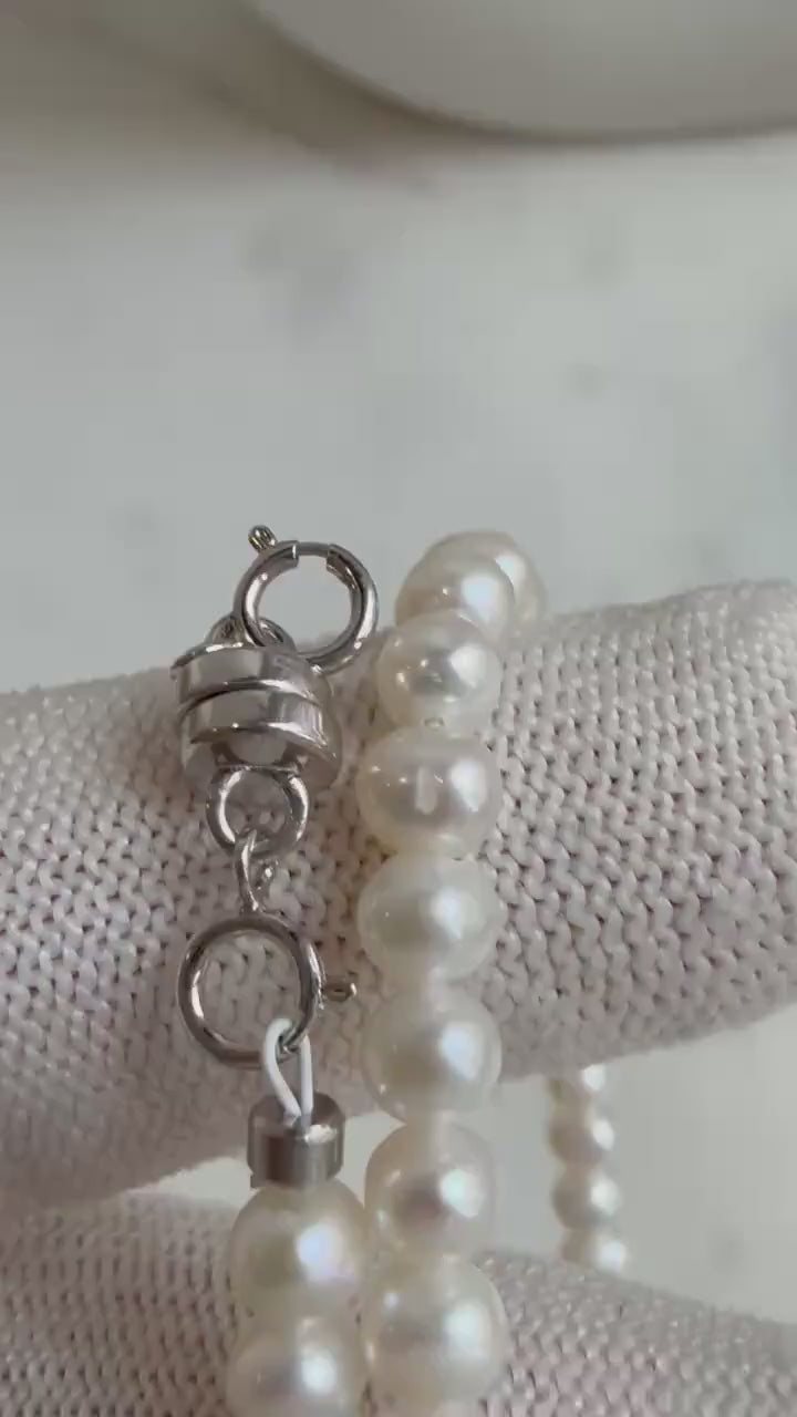 Elly’s white small Pearls Bracelet: Extreme luster mirrored, 4.4-4.8mm, S925 silver magnetic clips Bracelet.