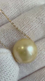 Au750 18k Gold 12.3mm South Sea golden Ocean Pearl Floating pendants:Extreme luster mirrored, ultra gold pearl, S925 silver chain included.