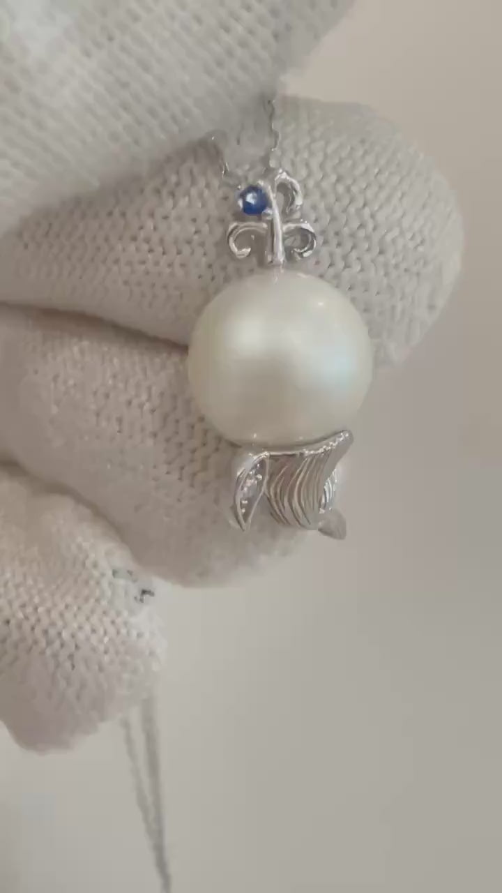 Elly’s 10.3mm Australian Ocean white Round Pearl good luster Mermaid pendant silver top silver chain Classic Necklace unique gift for her
