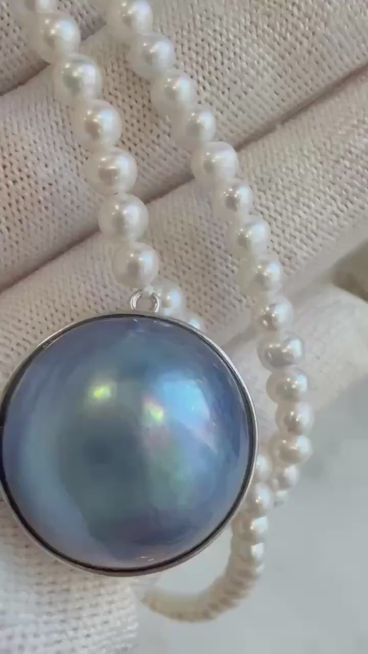 Elly’s 23mm huge blue iridescent Ocean Round Mabe Pearl Pendant white pearls necklace: Extreme luster, S925 Silver base pendant Necklace Set