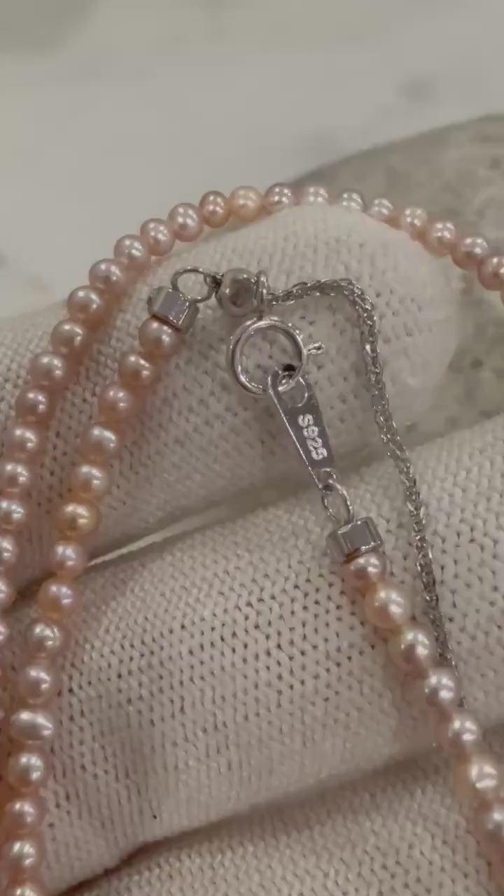 Elly’s Rare 2.5-3mm strong Luster Freshwater peach rose lavender round small Pearls strand Necklace unique anniversary gift.