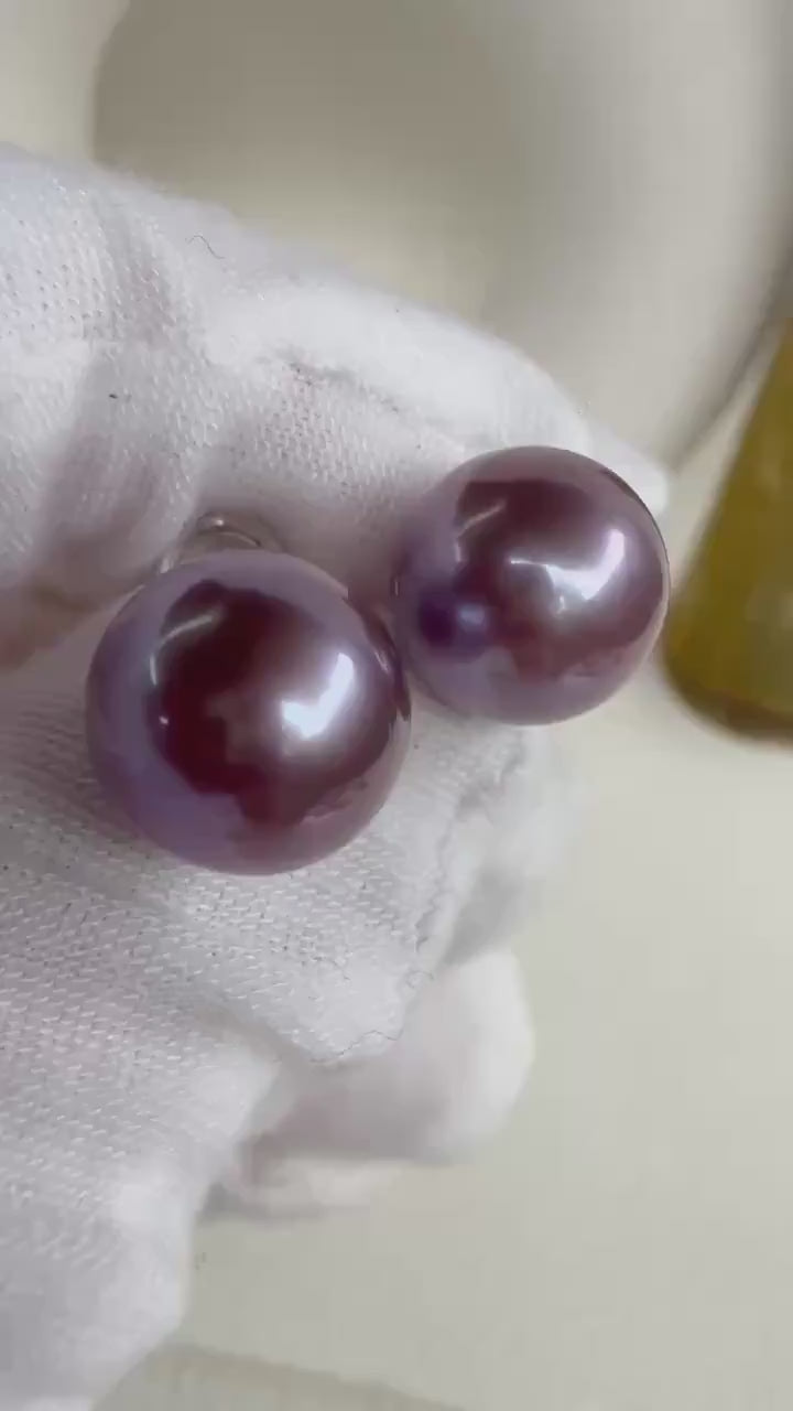 Elly’s 11.2mm Purple Edison Pearls Earrings Studs: Extreme luster Mirrored, purple, S925 silver earrings studs.