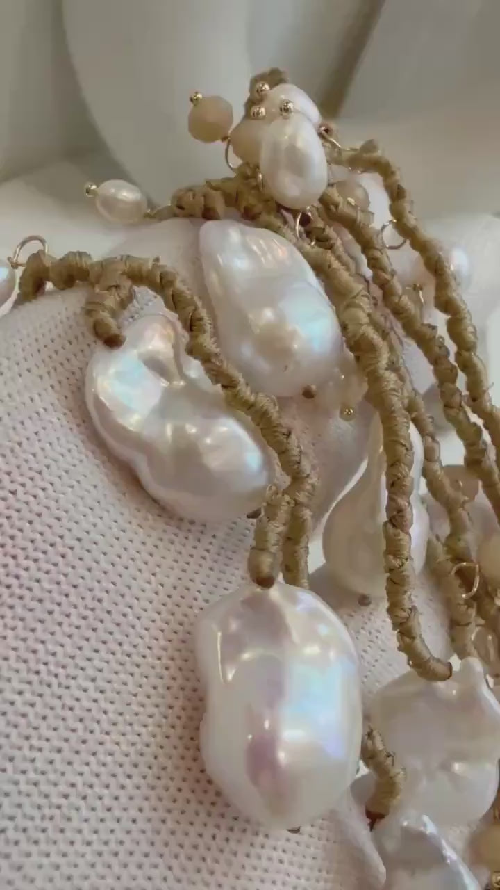 Elly’s Handmade Baroque Pearl & Sunstone Long Necklace: Iridescent Luster