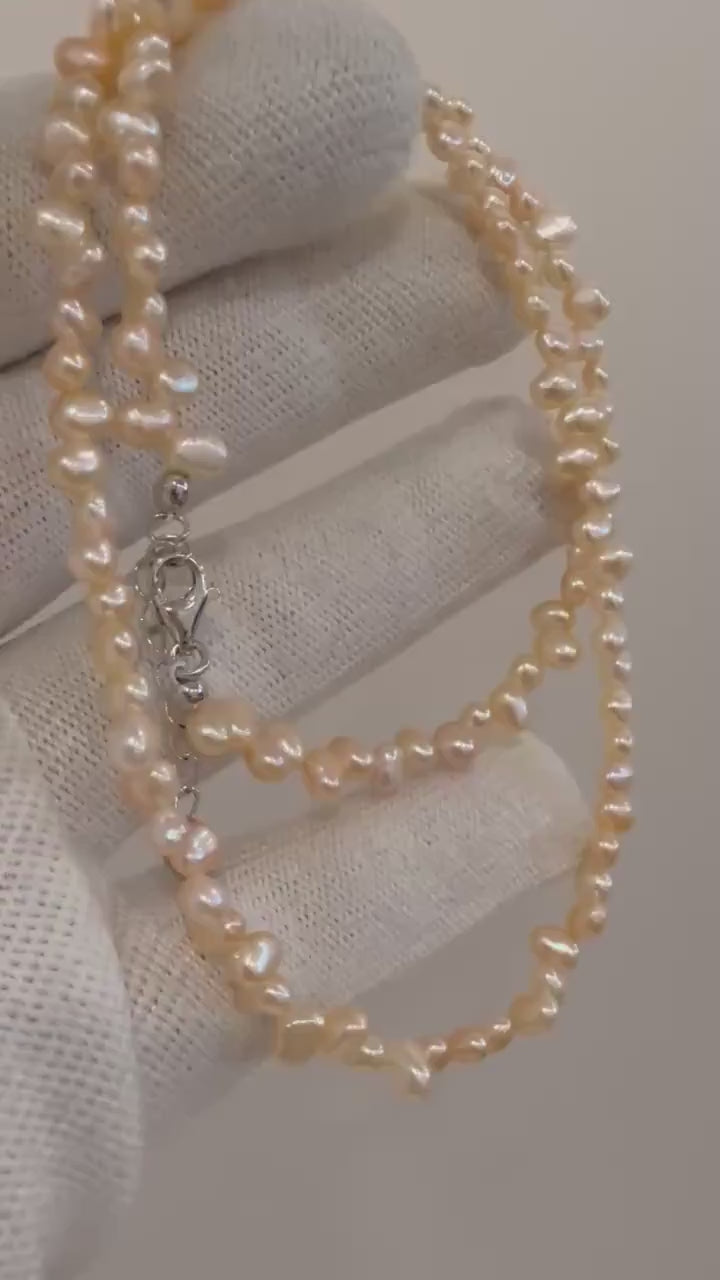 Elly’s Unique Natural Keshi Petal Floral Champagne gold Pearl necklace choker Perfect unique gift for wife daughter teacher.4-5mm.