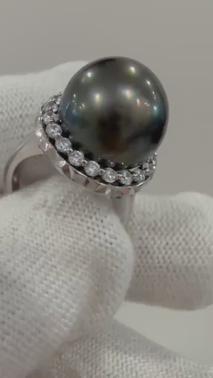 Elly’s Tahitian 12.5mm Ocean round natural blue brown green multicolor Pearl s925 silver anniversary engagement ring unique gift for her.
