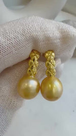 Elly’s 10.6mm South sea ultra golden ocean Pearls Earrings: Extreme luster mirrored, 2.3cm high, S925 silver cool earrings.