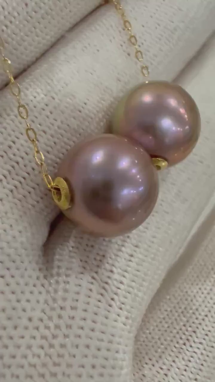 Elly’s Au750 18k Yellow Gold 11.5mm Freshwater Blush Pink Round Pearl Floating pendant silver chain Classic Necklace for her birthday gift.