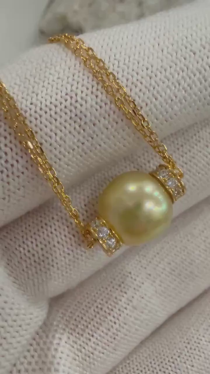 Insale South Sea Ocean Golden Strong Luster Baroque Pearl S925 silver chain Necklace set, Anniversary Statement engagement Gift.10.8mm