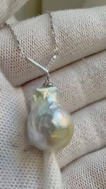 South sea golden Baroque ocean Pearl pendant: Extreme luster mirrored, gold silver pearl, 14.7x19.5mm, S925 silver cool pendant chain set.
