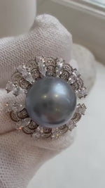Elly’s 12.9mm Tahitian ocean Pearl Floral Ring: Extreme luster mirrored, 2.3cm Dia, Quite Thick S925 Silver Adjustable Ring.