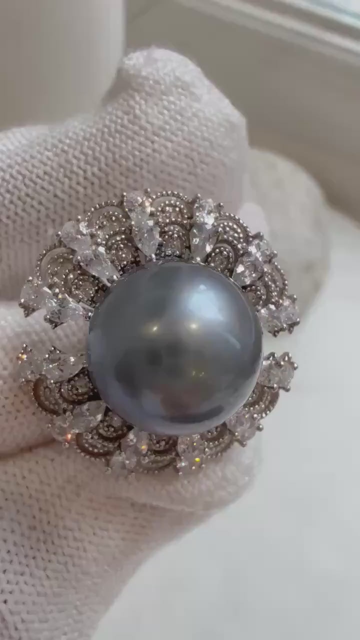 Elly’s 12.9mm Tahitian ocean Pearl Floral Ring: Extreme luster mirrored, 2.3cm Dia, Quite Thick S925 Silver Adjustable Ring.