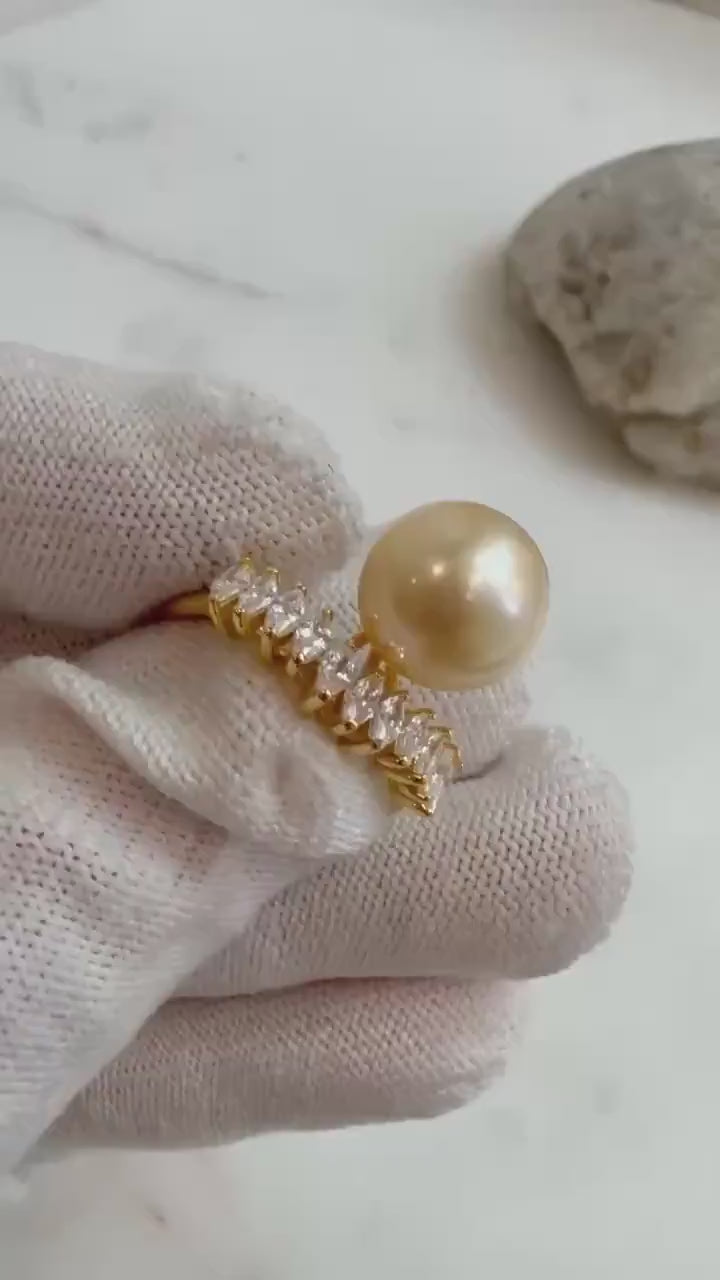 11.1mm Insale unique strong luster South Sea Golden pure natural Ocean round Pearl s925 silver adjustable ring. holiday gift wedding gift