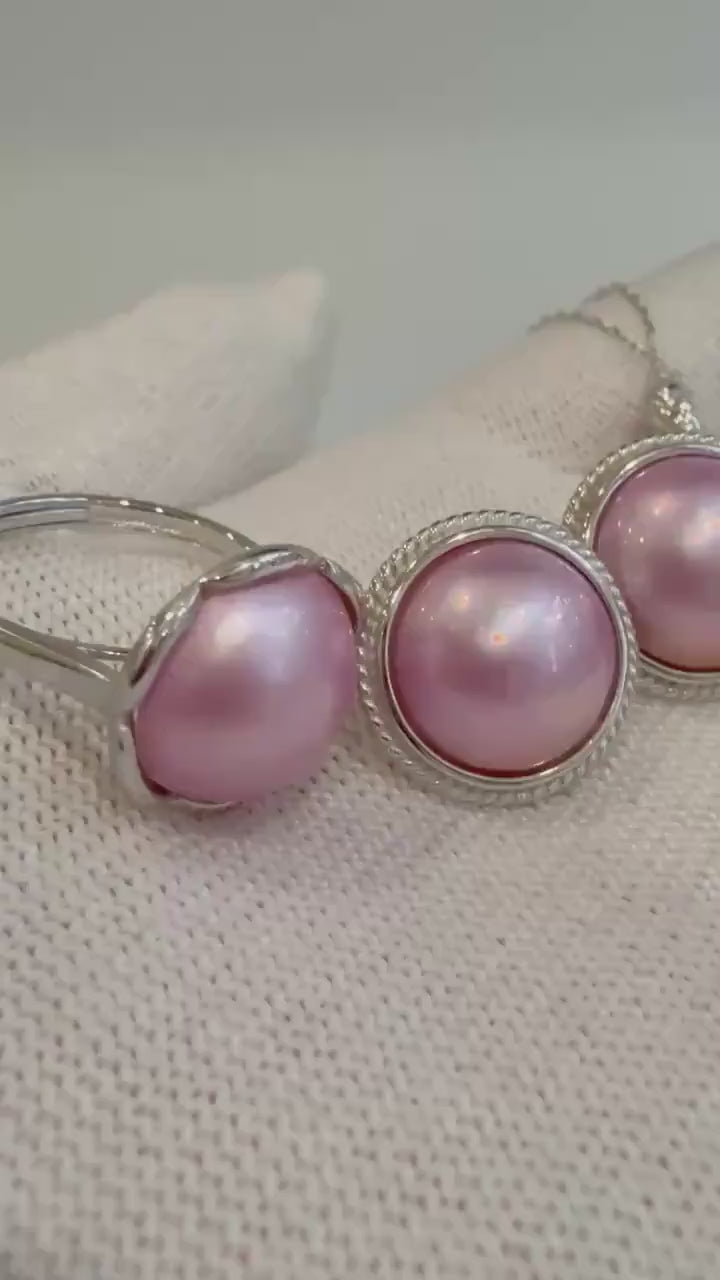 Elly’s Insale strong luster Pink iridescent ocean Mabe dazzling s925 silver earrings Ring & pendant necklace set. Gift for her birthday.