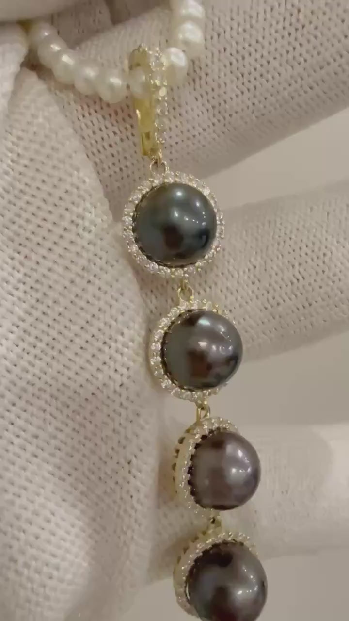 Elly’s Super value! 4pcs Tahitian black blue brown Green multicolor Pearl pendant silver chain elegant unique birthday gift for her. 8mm+
