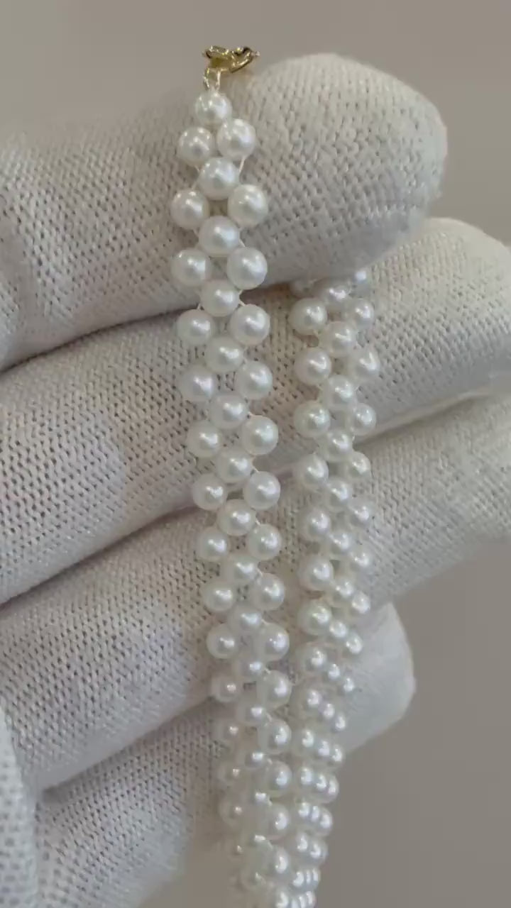 Au750 18k gold 3-layers 225pcs pearls handmade braided Extreme luster necklace choker perfect anniversary gift wedding bridesmaid necklace.