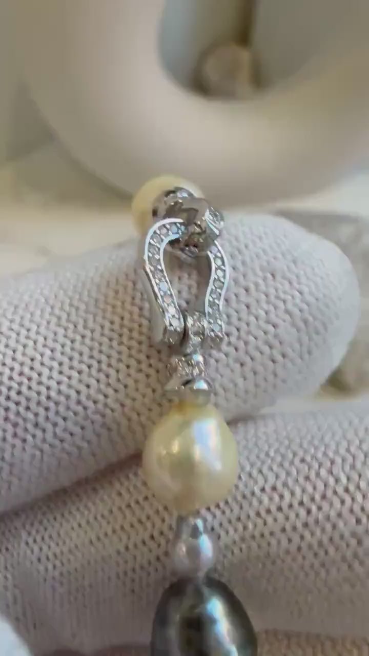 Elly’s Multicolor Ocean Pearls Bracelet: 21pcs South Sea Golden White Tahitian Akoya Pearls, Extreme luster, 3.8-9.5mm, 7.7” knot