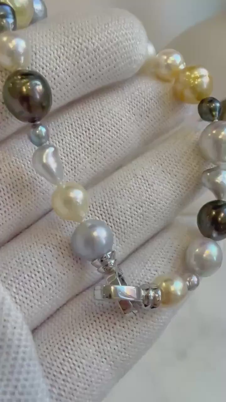 Elly’s Multicolor Ocean Pearls Bracelet: 21pcs South Sea Golden White Tahitian Akoya Pearls, Extreme luster, 3.8-9.6mm, 7.8” knot