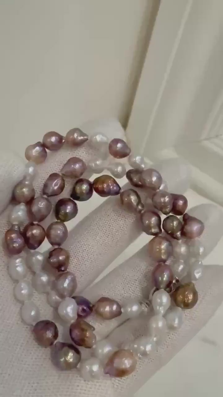 Elly’s Metallic rainbow white iridescent Pearls Necklace Strand: 5-8.5mm, 21.5”, S925 silver necklace.