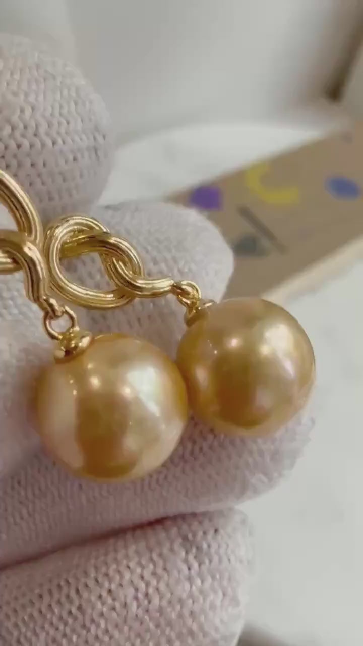Elly’s In sale strong luster freshwater ultra Golden Pearls S925 silver dazzling earrings close to south sea golden pearls. 10mm
