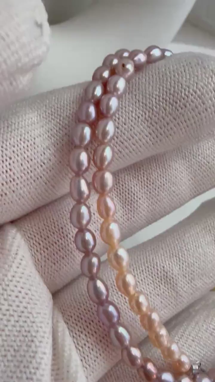 Elly’s Natural Keshi Rice pearls necklace:  Extreme luster, peach pink lavender, 3.7mm+, s925 silver necklace strand. Pearl jewelry idea.