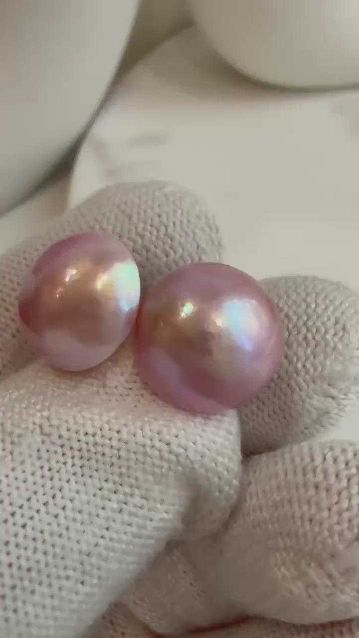 Elly’s Insale strong luster pink round ocean Mabe dazzling  S925 silver earrings. Gift for her birthday daily wear. 12.4mm