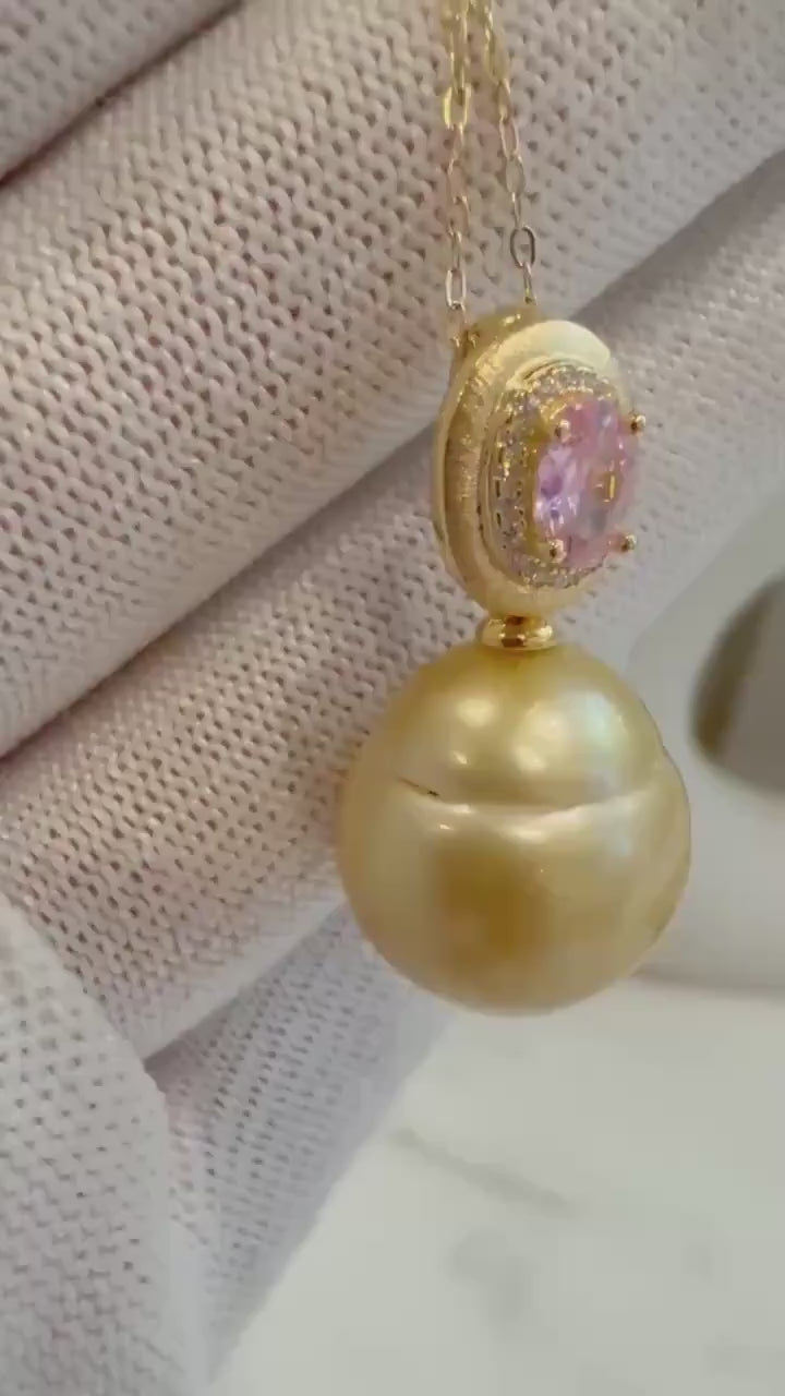 Elly’s 15mm Huge South Sea Golden Ocean Pearl Pendant: Strong luster, S925 Silver Vintage pendant, pink zircon.